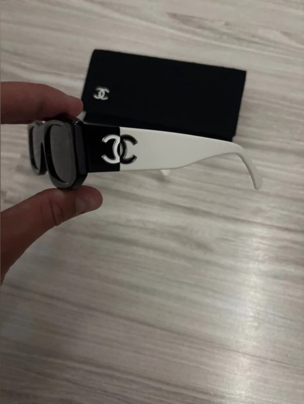 CHANEL Black and White Rectangular Sunglasses